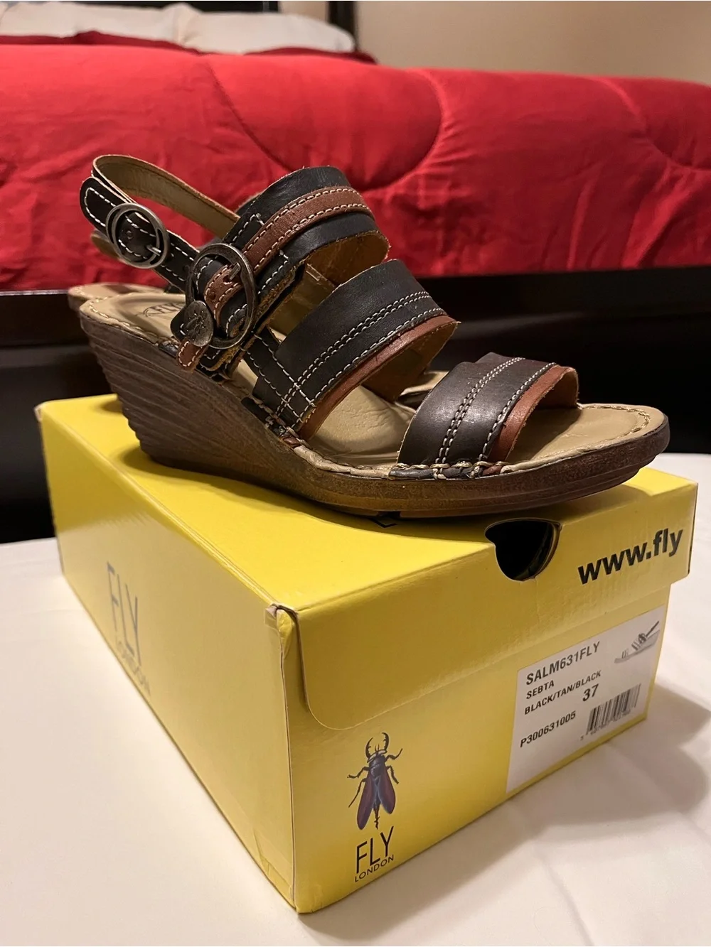 Fly London Women's Black and Brown Wedge Sandals - Strappy Comfort Size EU 37
